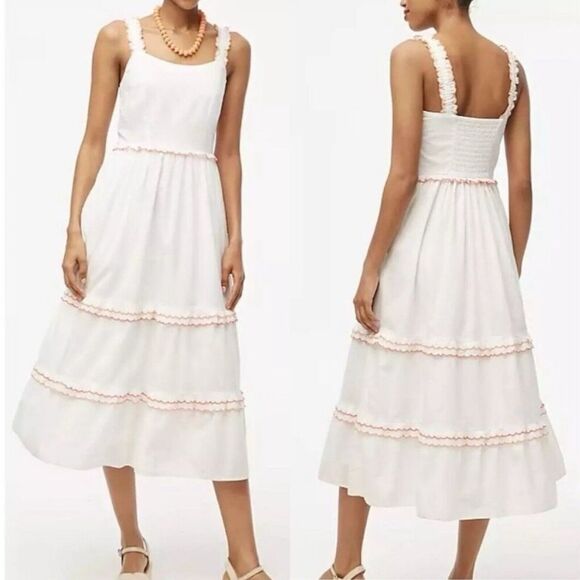 J.Crew Dresses & Skirts - J.CREW Midi Dress Women 14 White Orange Scalloped Trim NEW Pockets Cotton CA107